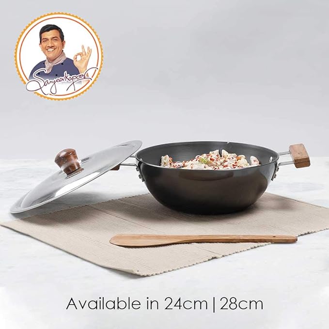 Wonder Chef Ebony Hard Anodized Kadhai, Wok with Lid 24 cm, Black