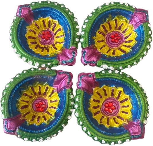 4 x Handcrafted Clay Diya with Green and Blue Finish, Yellow Flower Centre and Stone Work