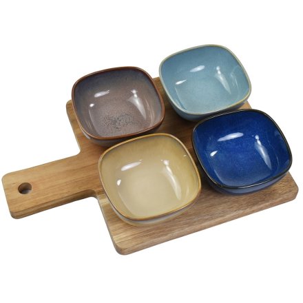 Lesser & Pavey Snack Dishes & Wooden Paddle Tray – Set of 4 Ceramic Bowls