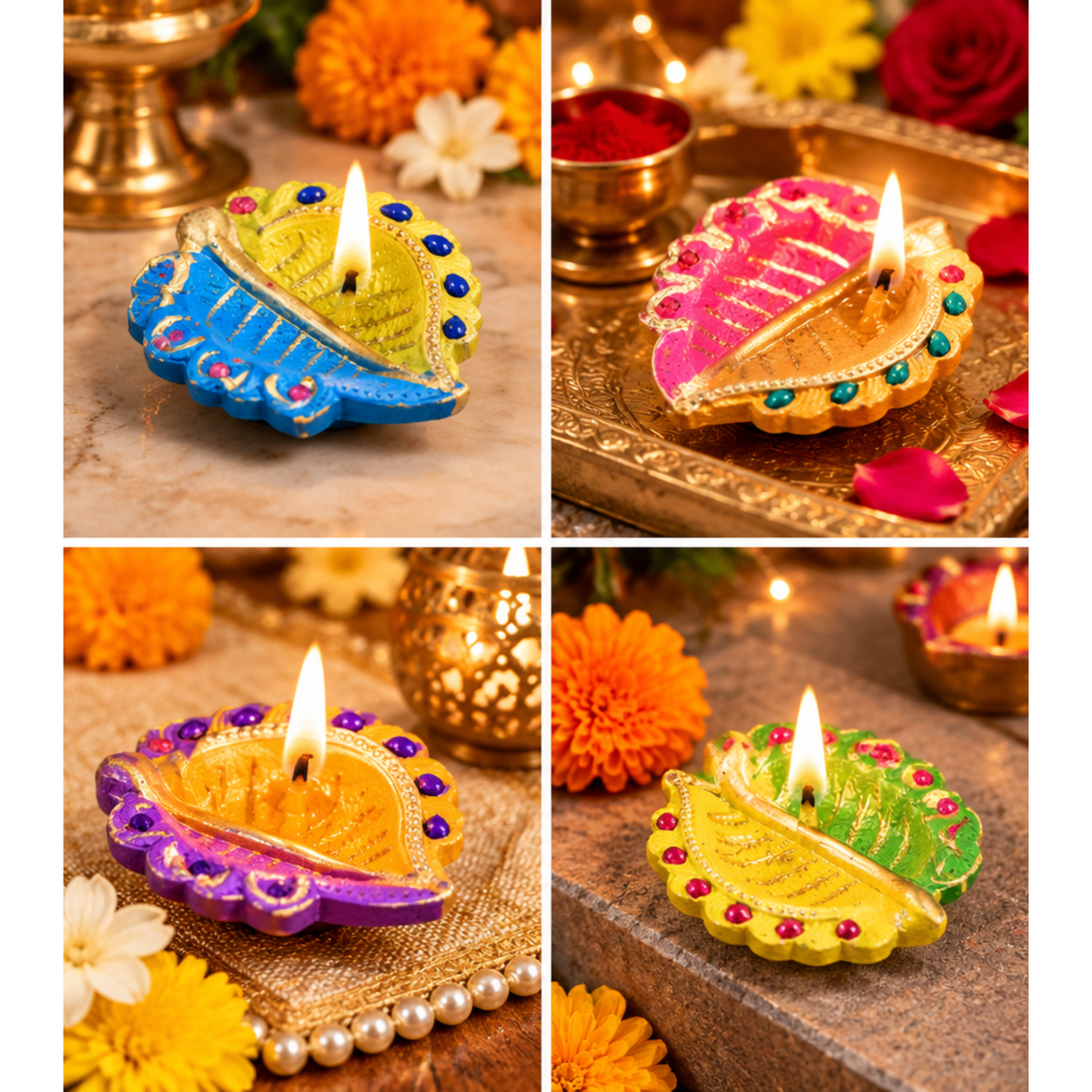 Handmade Clay Diya Set of 4 – Assorted Multicolour Decorative Oil Lamps
