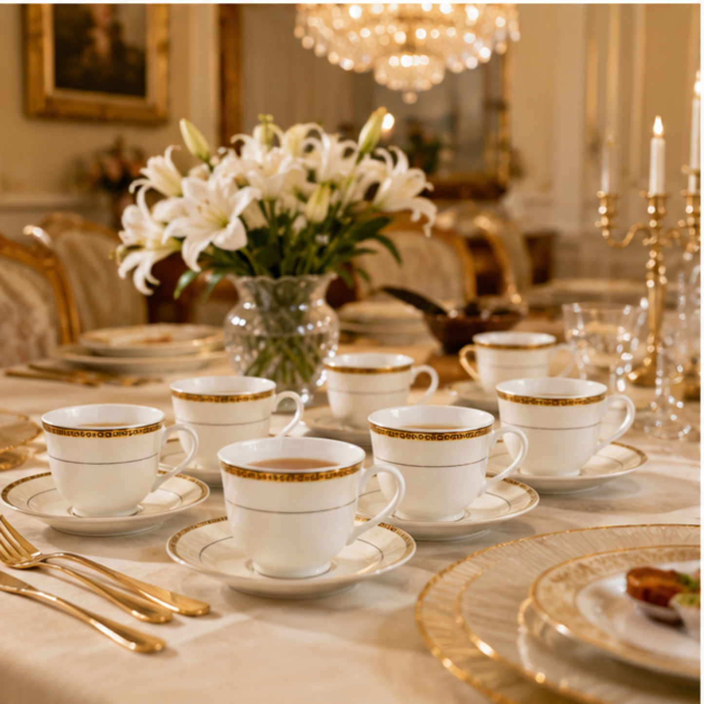 12 Piece Porcelain Tea Set Gold Cream, 6 Tea Cups & 6 Saucers