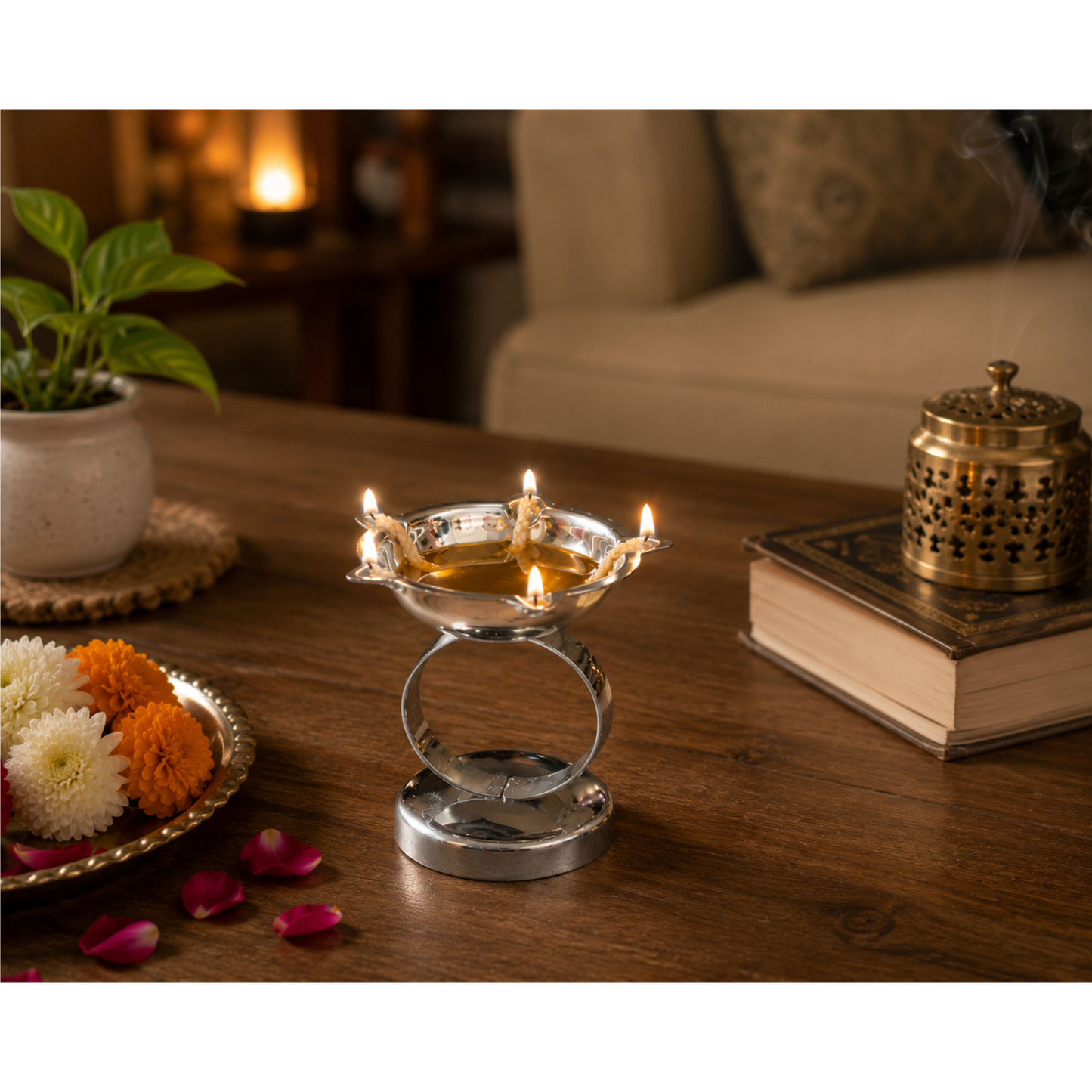 Stainless Steel Five Faced Jyot Oil Lamp Diya with Stand Traditional 6cm x 6.5cm