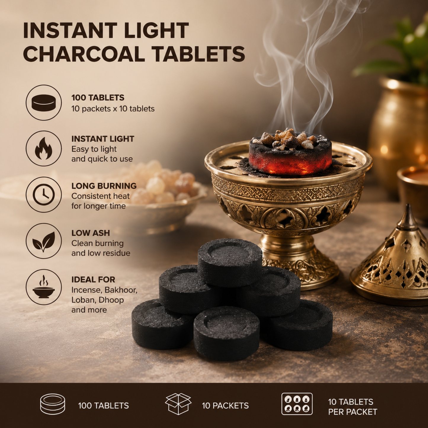 Instant Light Charcoal Tablets 100 Pack - 10 Packs of 10 Tablets - Long Burning