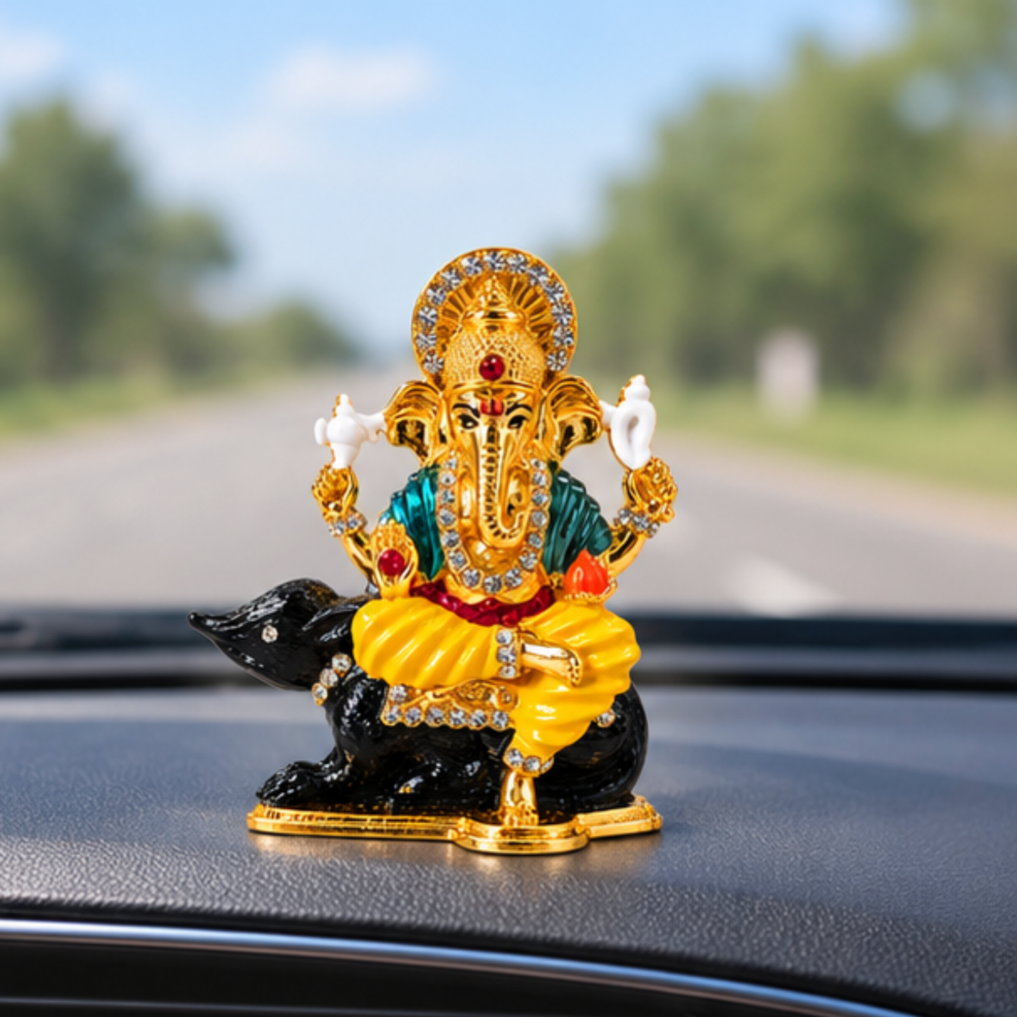 Metal Ganesh Ji Idol on Mouse with Crystal Stone Detailing, Decorative Hindu Ganesha Murti Statue for Car Dashboard