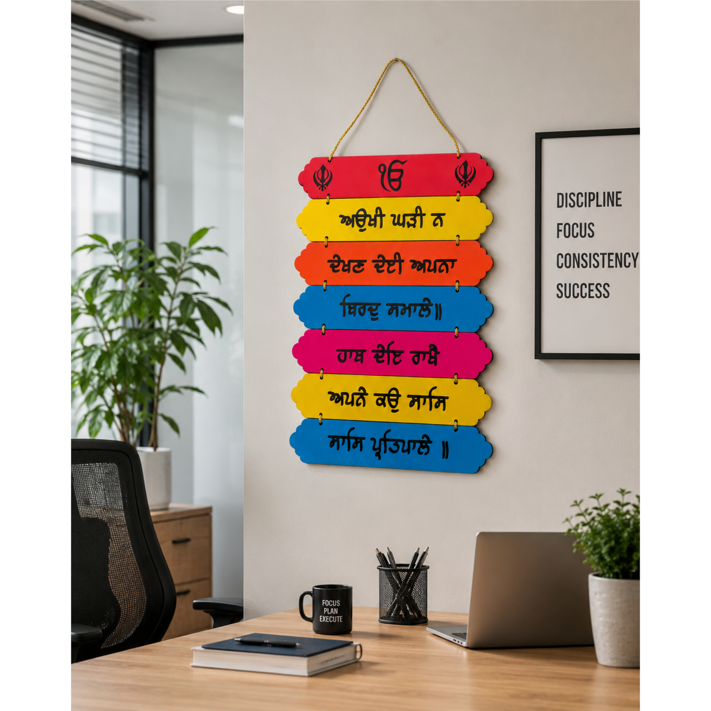Punjabi Sikh Wooden Hanging Wall Plaque Multicolour Gurmukhi Quote Sign 33x22cm
