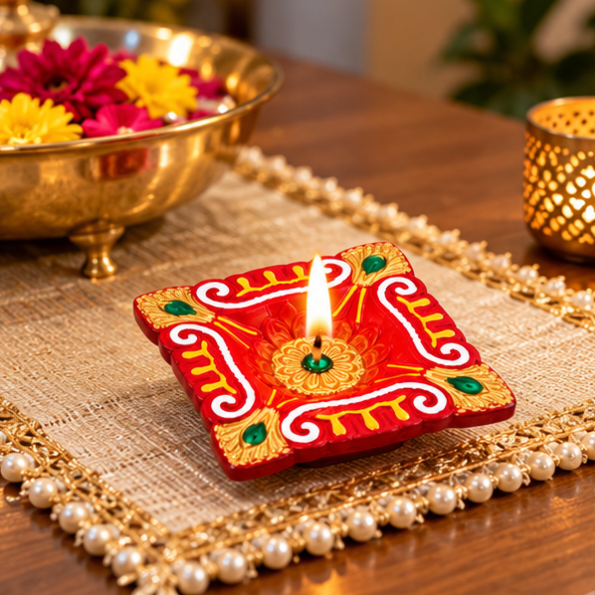 Handmade Clay Diya Set of 4 – Decorative Square Oil Lamps Approx. 7cm