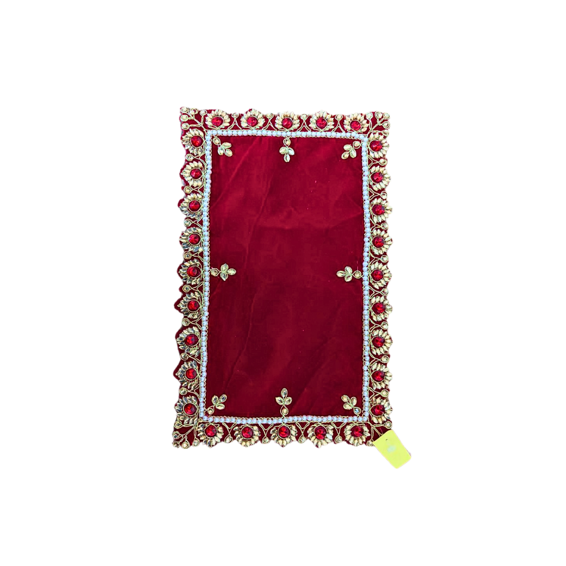 Red Embroidered Pooja Cloth with Stone Work – Ideal for God Idols & Religious Books (Available in 4 Sizes & Shapes)