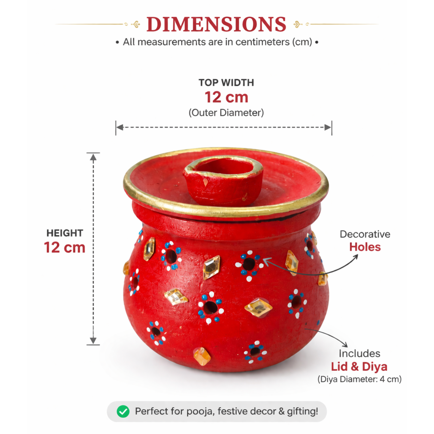 Clay Lota Kalash Garba Pot with Holes Lid & Diya Hand Painted Decorative - 12cm