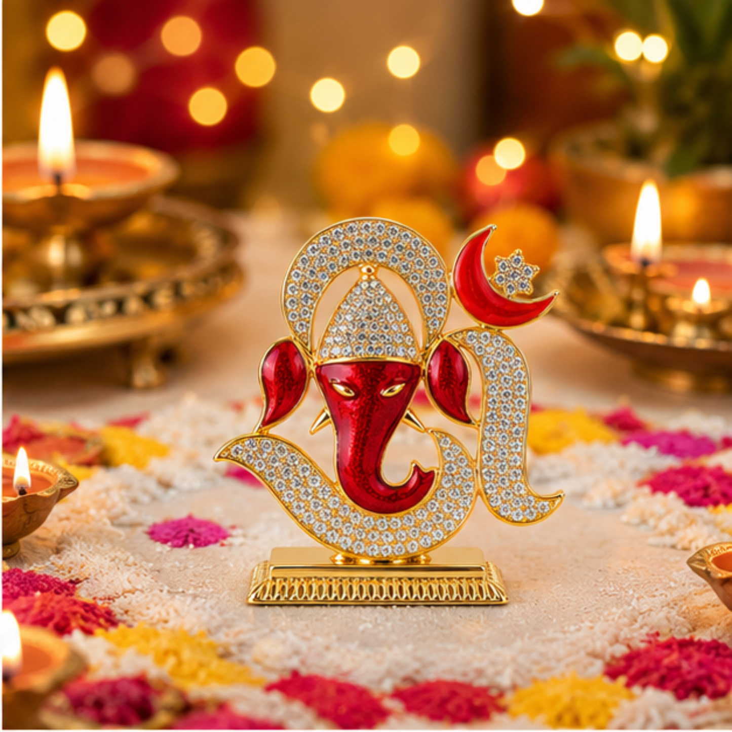 Ganesh Ji Decorative Idol with Om Design, Crystal Stone Detailing & Gold Colour Finish