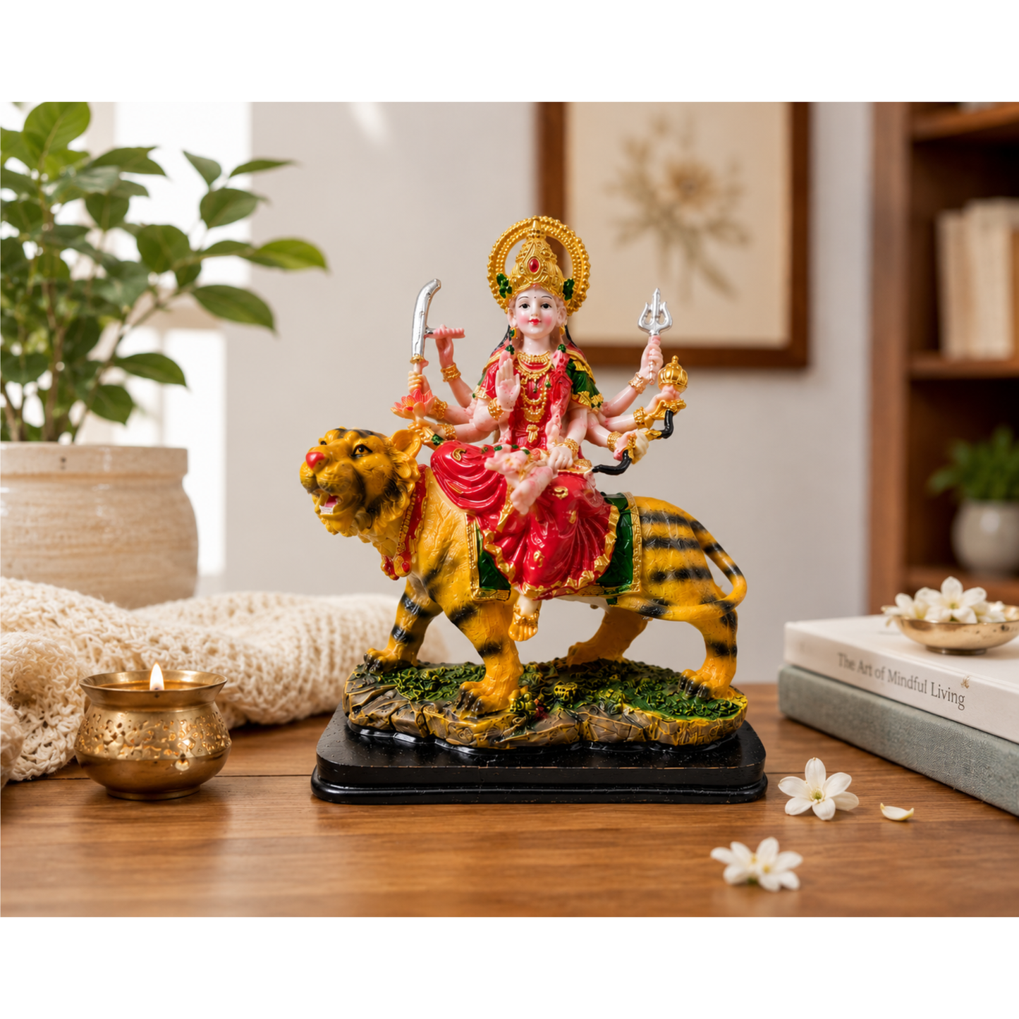 Durga Mata Idol on Tiger Statue 20cm Hard Plastic Hindu Goddess Murti for Home Mandir
