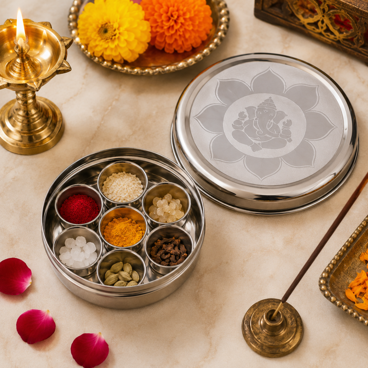 Stainless Steel Pooja Box with 7 Removable Katoris & Engraved Lid