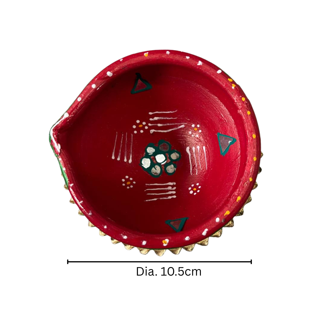 Clay Diya Handmade Painted Red & Green Earthen Oil Lamp for Puja & Diwali