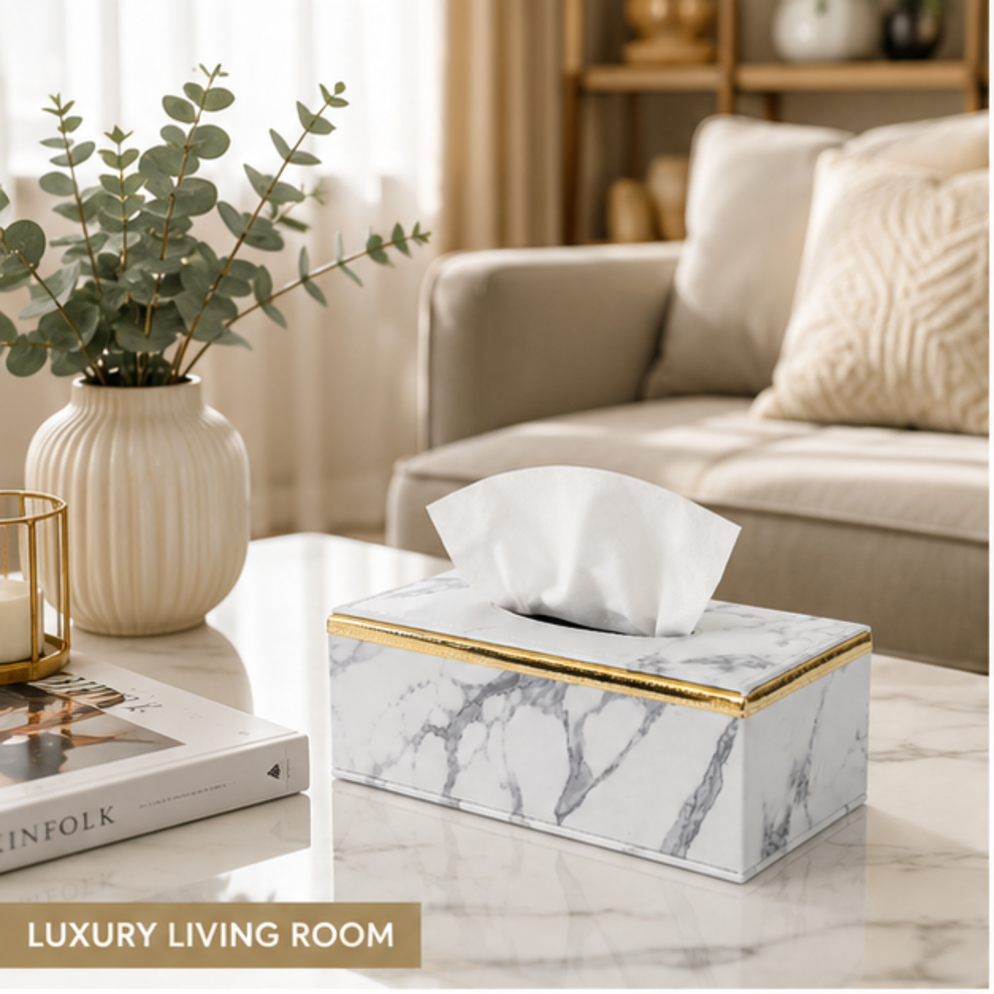 Marble Effect Tissue Box Cover, Faux Leather Tissue Box Holder with Gold Trim
