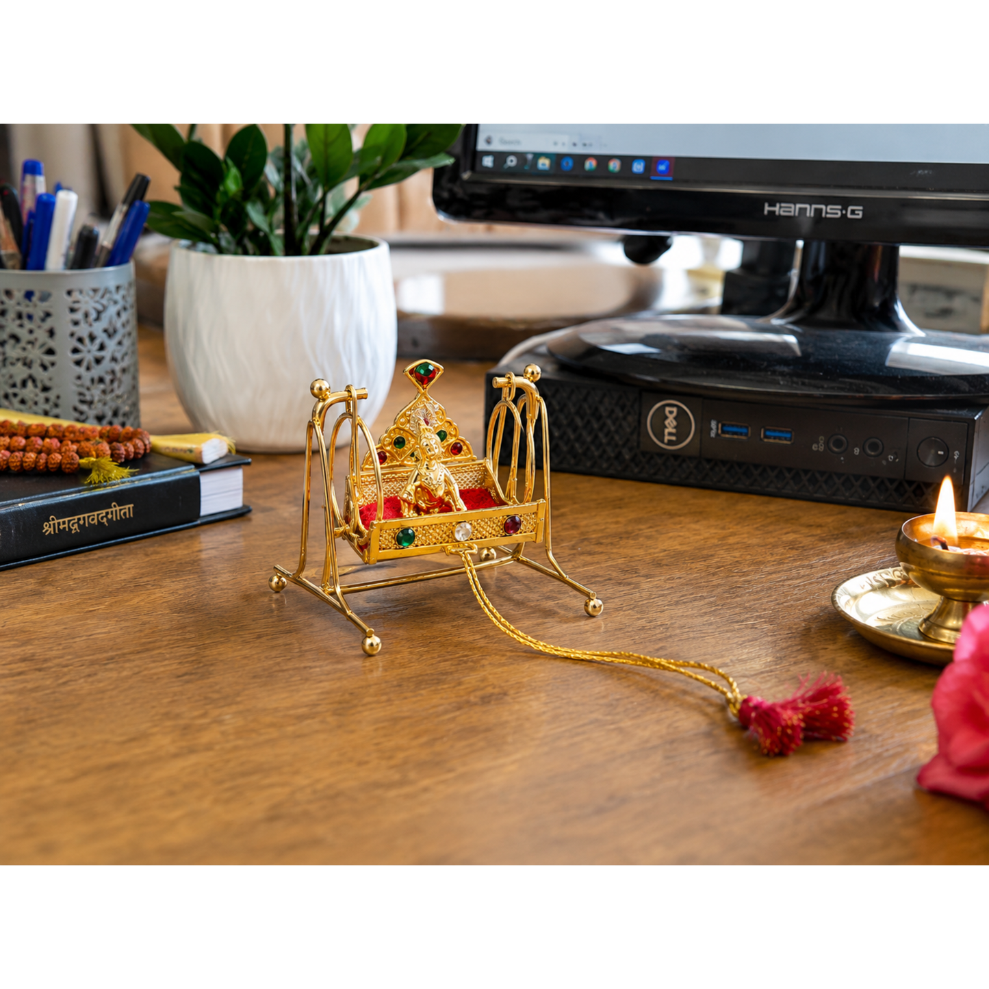 Bal Krishna Jhula with Laddu Gopal Idol, Decorative Golden Swing for Home Mandir