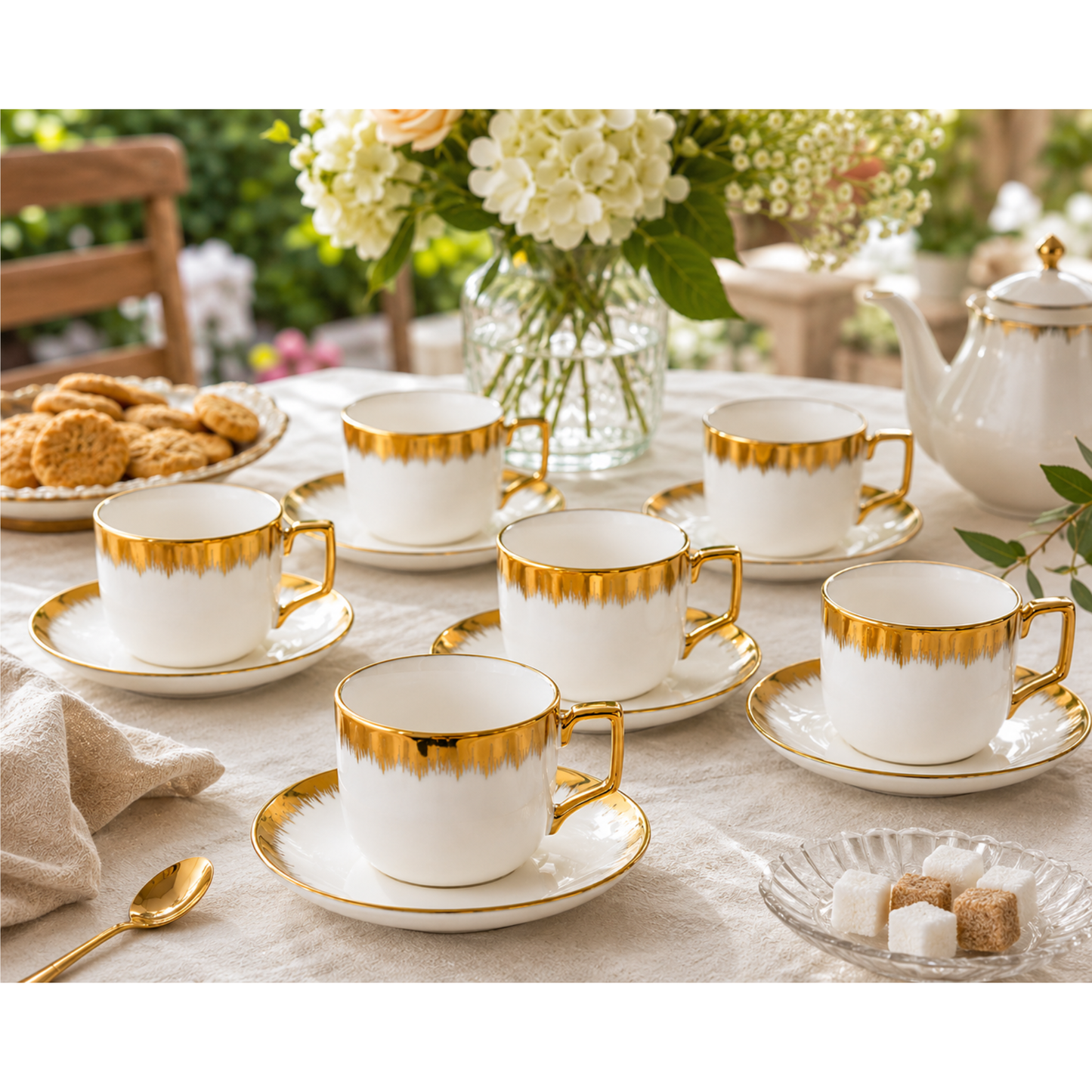 Set of 6 Porcelain Tea Cups and Saucers White with Gold Trim