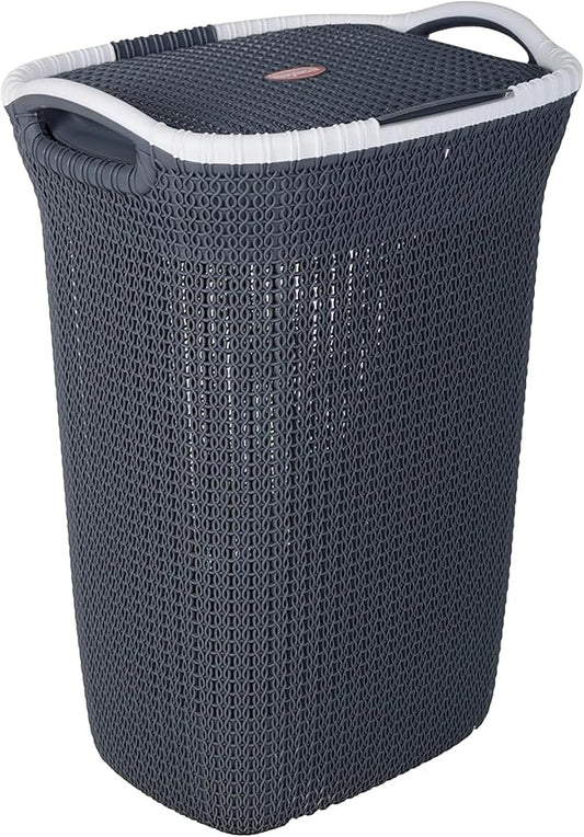 Rope Laundry Basket with Lid – Plastic Storage Hamper with Handles for Clothes, Bathroom & Bedroom – Durable Organizer in Brown, Beige & Grey