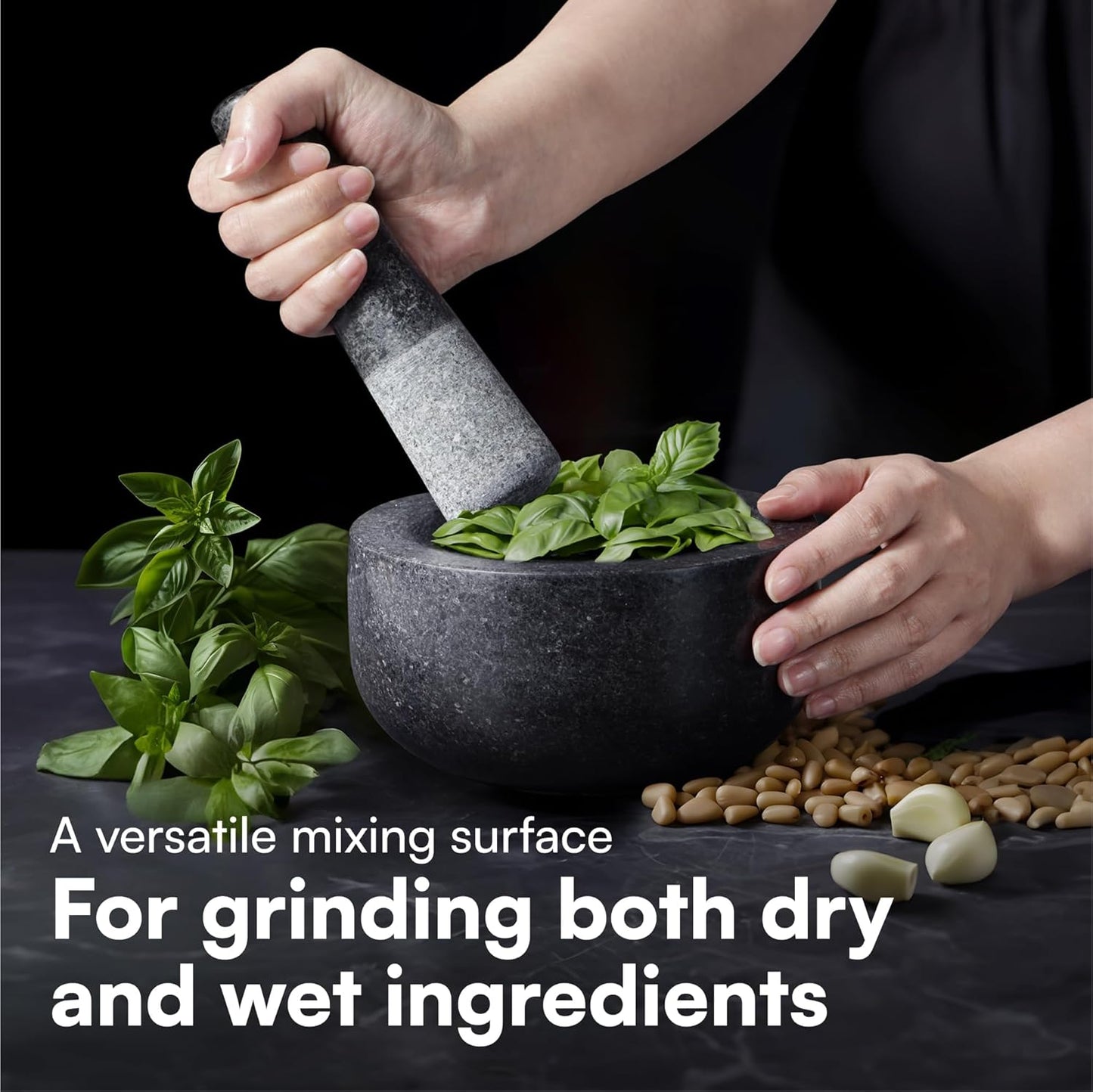 Granite Pestle & Mortar Set 16cm Black Stone Spice Herb Grinder Kitchen Crusher
