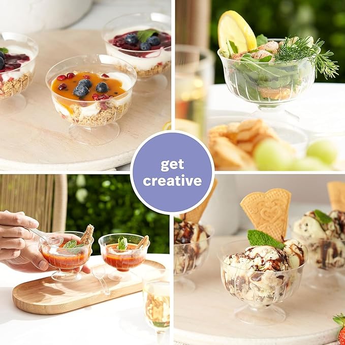 6 x Plastic Dessert Bowls – Clear Reusable Trifle Bowls, Ice Cream Cups, Sundae Dishes
