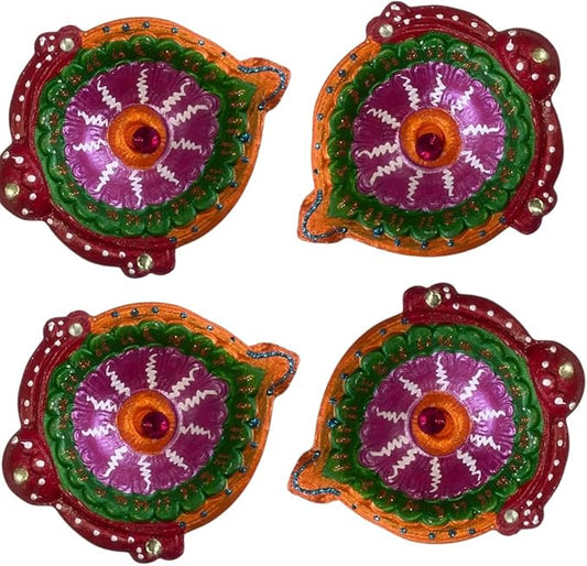 4 x Multicolour Hand Painted Clay Diya with Gemstone and Gifting – 10.5cm x 2.5cm