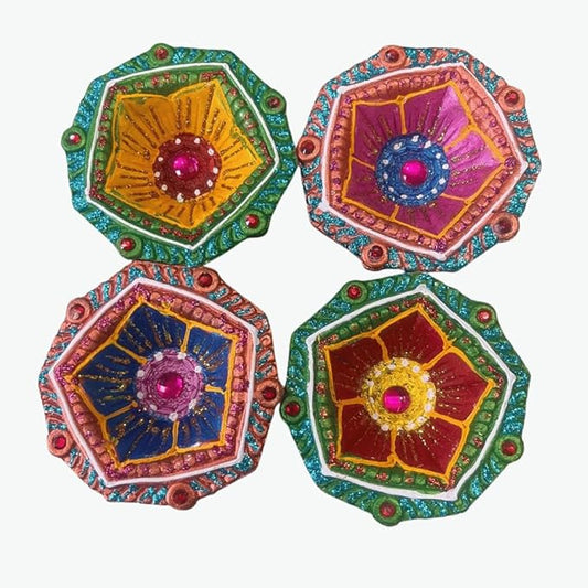 4 x Floral Clay Diyas with Pink Stone Work | Hand Painted Mitti Diya