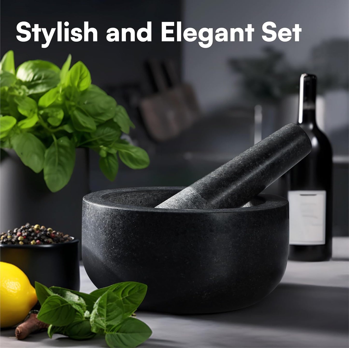 Granite Pestle & Mortar Set 16cm Black Stone Spice Herb Grinder Kitchen Crusher