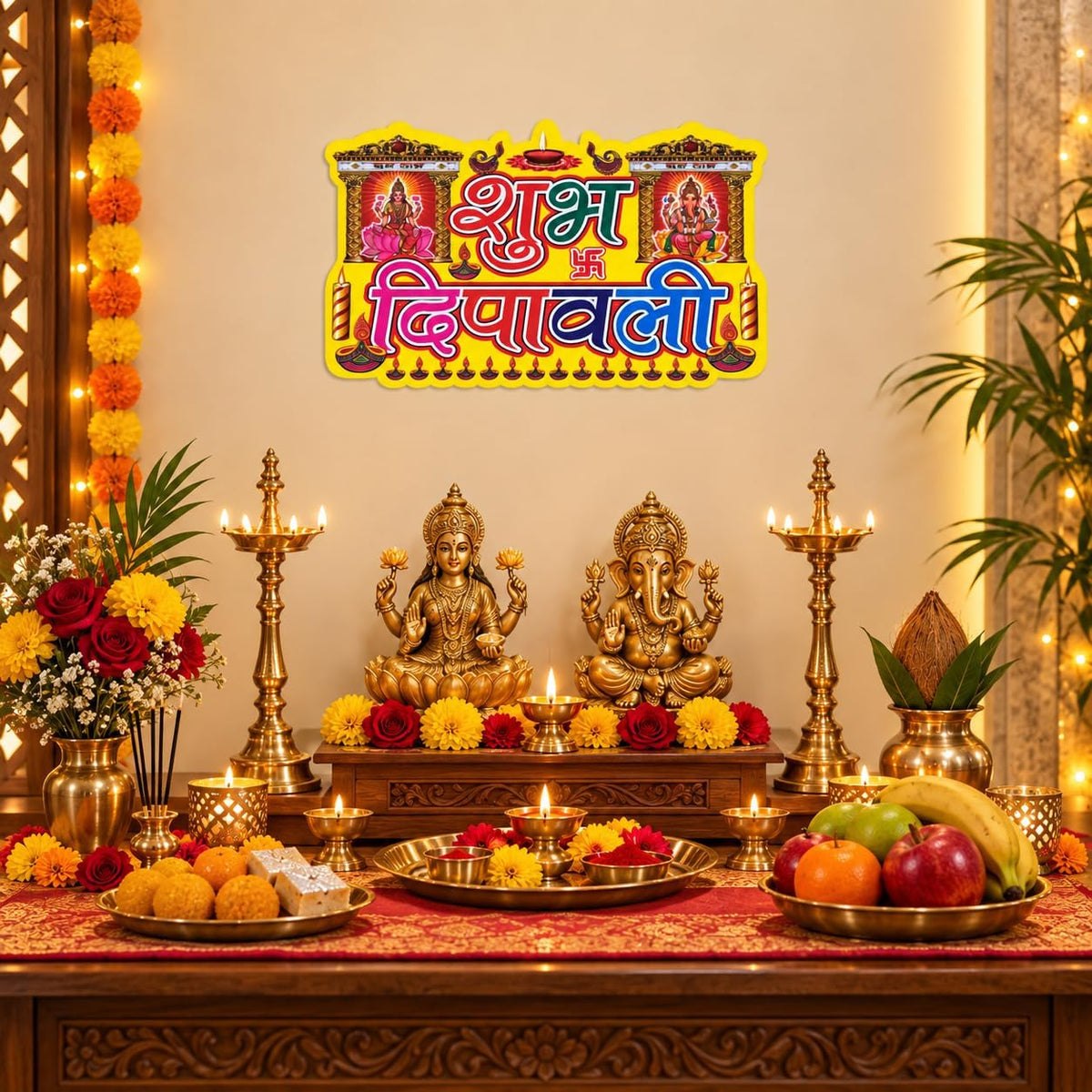2 x Lakshmi Mata Ganesh Ji Shubh Deepawali Diwali Stickers Wall Door 35x23cm