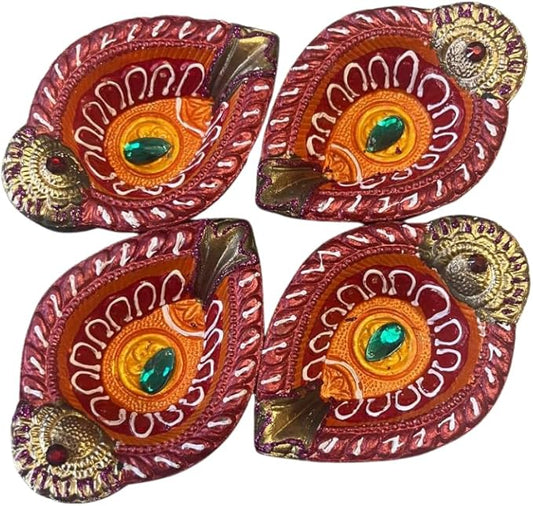 4 x Red Leaf Shape Decorative Diyas with Green Stone Center