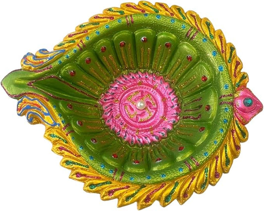 1 x Large Feather Leaf Shape Clay Diya 19x16x4cm Hand Painted