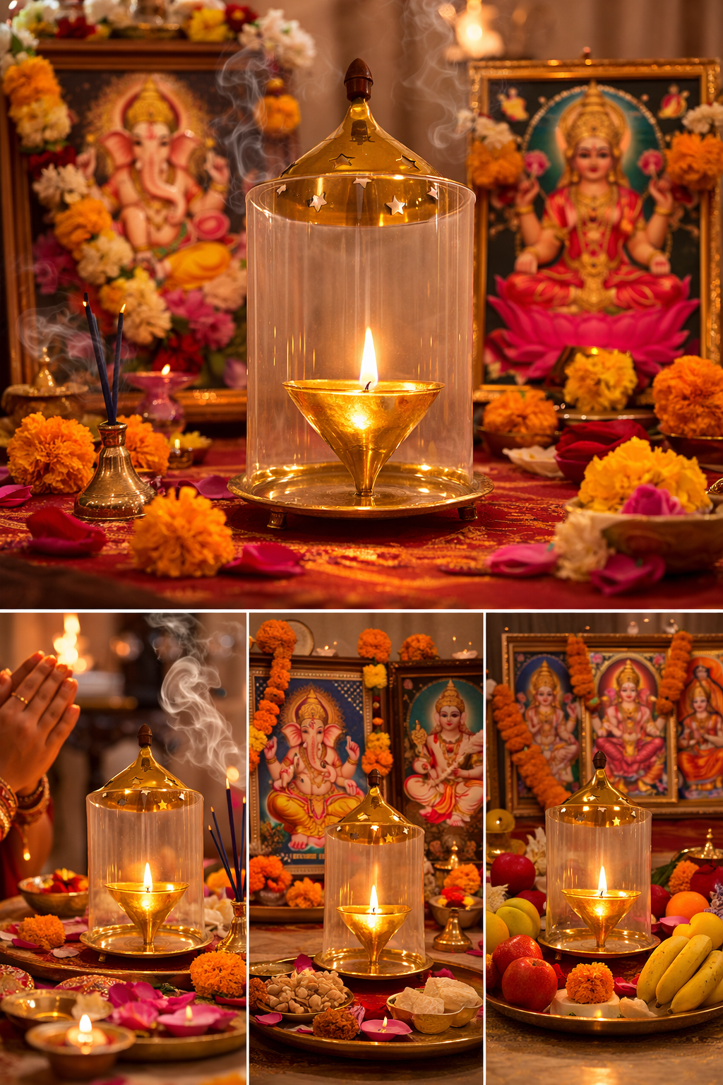 Brass Jyoti Diya Oil / Ghee Lamp with Glass Cover & Lid Traditional Pooja Lamp for Mandir Temple Prayer Room Diwali Decoration Hindu Religious Jyot (Sold Individually, Multiple Sizes)