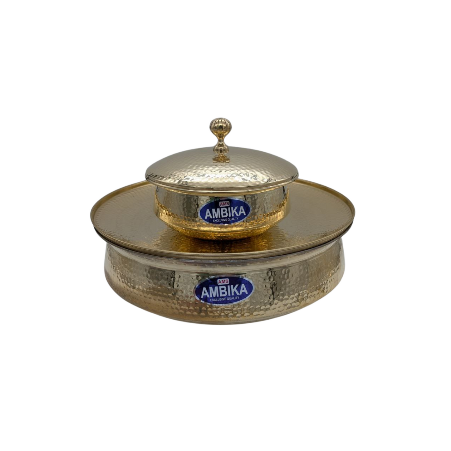 Ambika Premium Hammered Brass Round Pot with Lid - Kalhi Coated