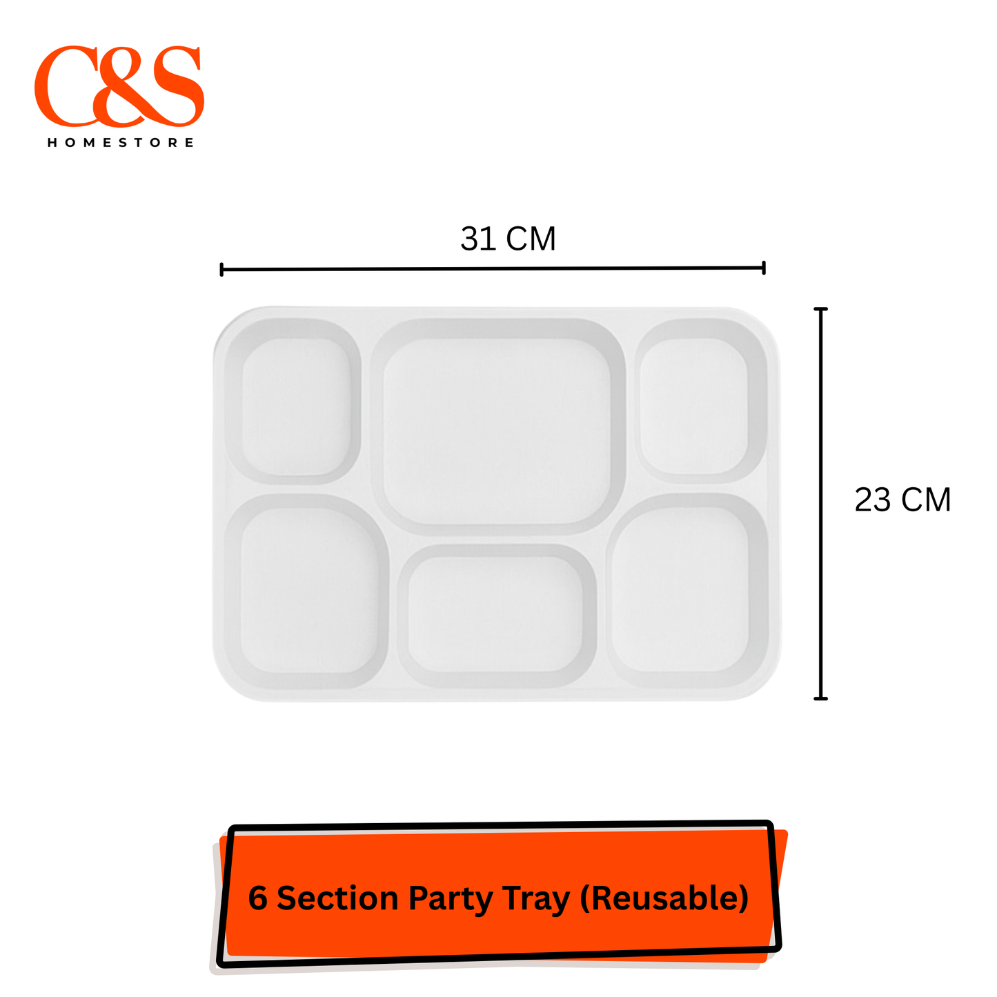 25 x Reusable Rectangular 6 Section Food Party Tray Thali Plastic 31 x 23cm