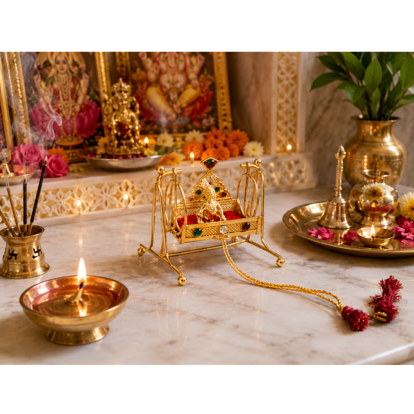 Bal Krishna Jhula with Laddu Gopal Idol, Decorative Golden Swing for Home Mandir