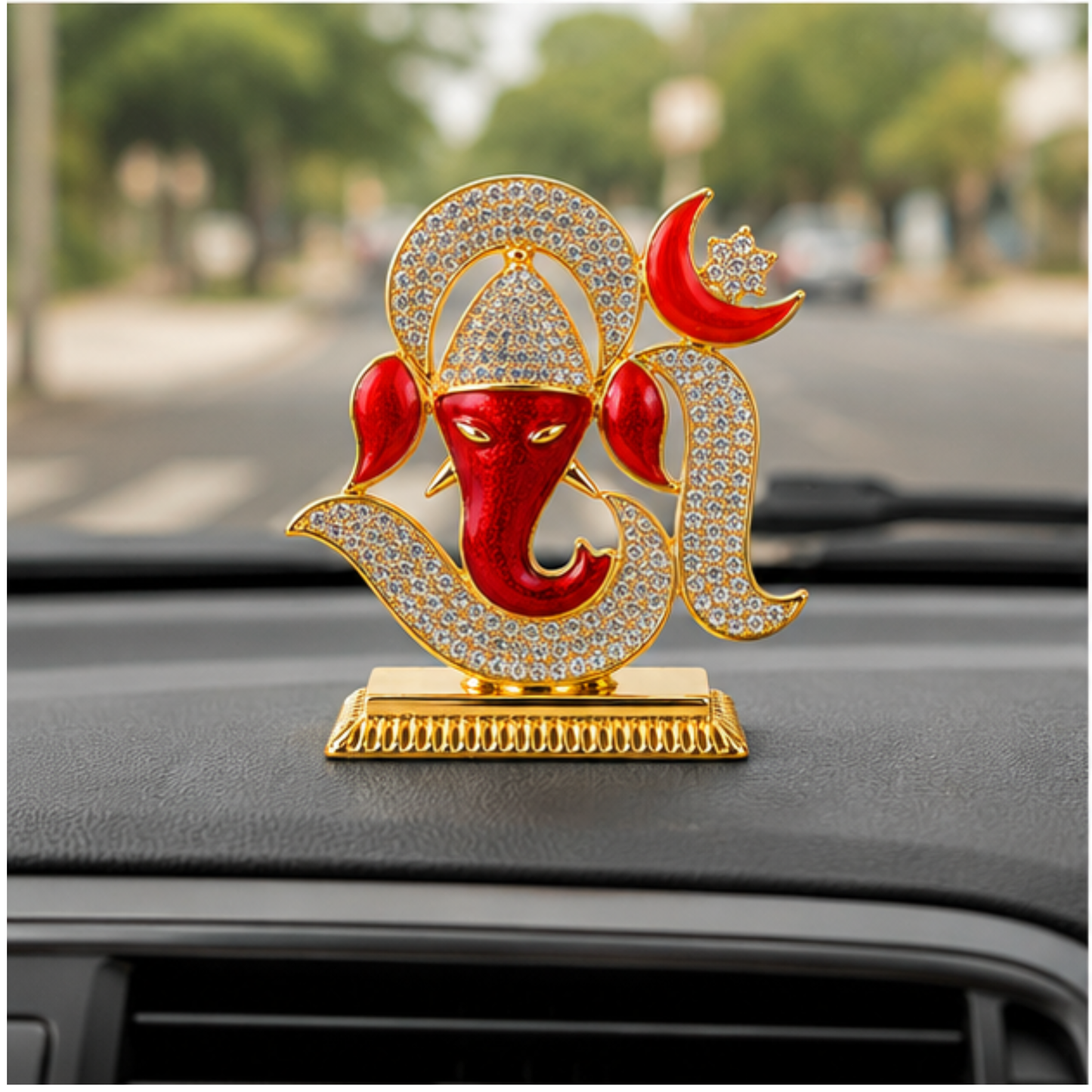 Ganesh Ji Decorative Idol with Om Design, Crystal Stone Detailing & Gold Colour Finish