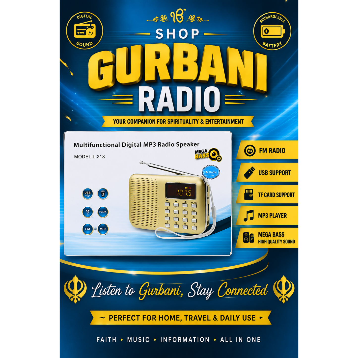 Rechargeable Gurbani Radio MP3 Player FM Radio Speaker with 28 Gurbani Tracks
