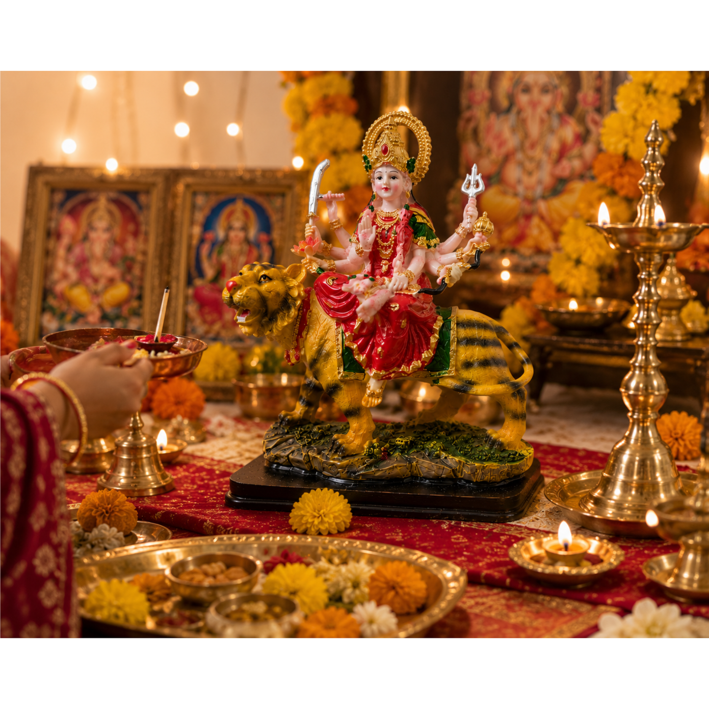 Durga Mata Idol on Tiger Statue 20cm Hard Plastic Hindu Goddess Murti for Home Mandir