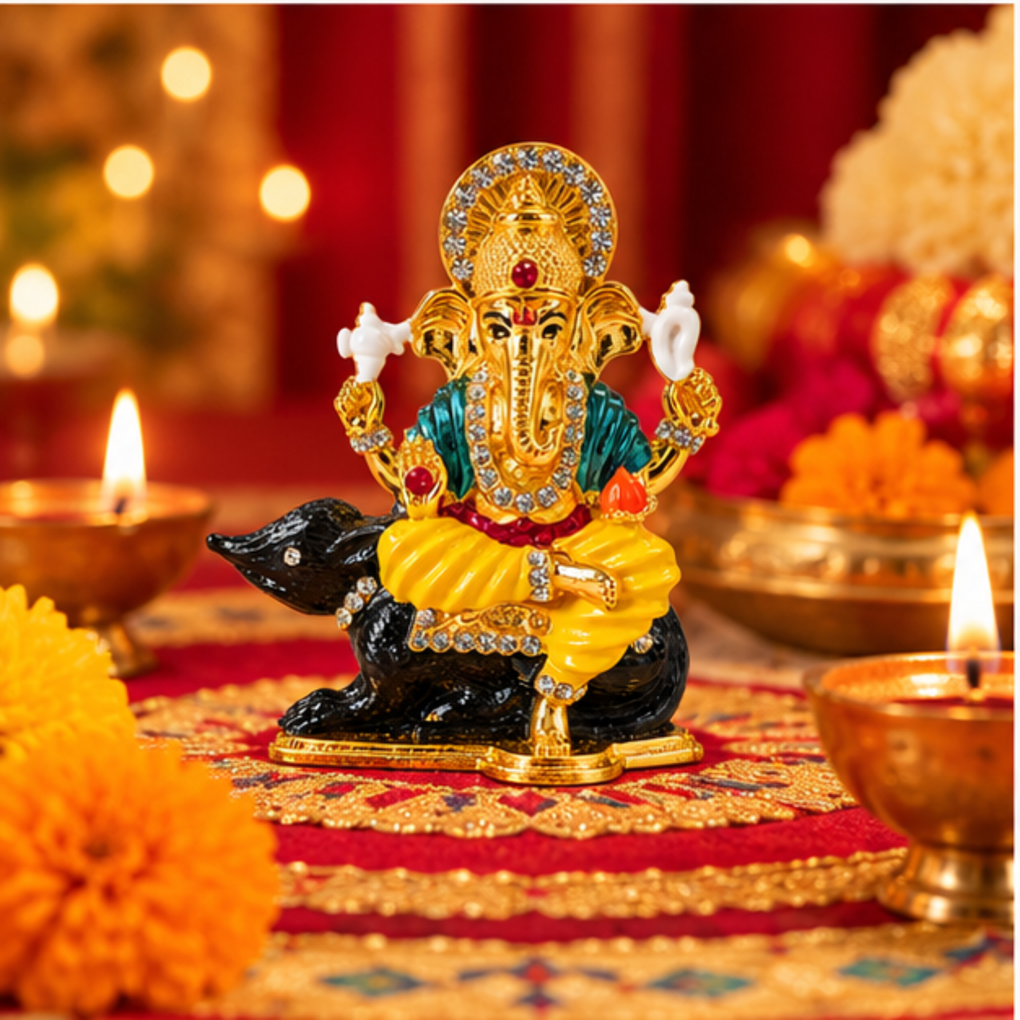 Metal Ganesh Ji Idol on Mouse with Crystal Stone Detailing, Decorative Hindu Ganesha Murti Statue for Car Dashboard