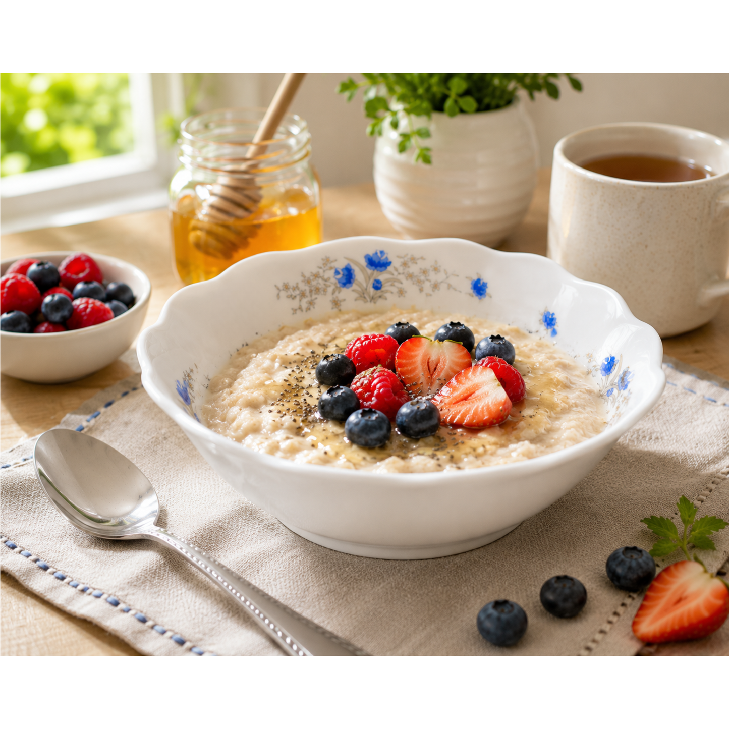 Set of 6 Porcelain Soup Bowls White with Blue Floral Design, Deep Cereal Bowls
