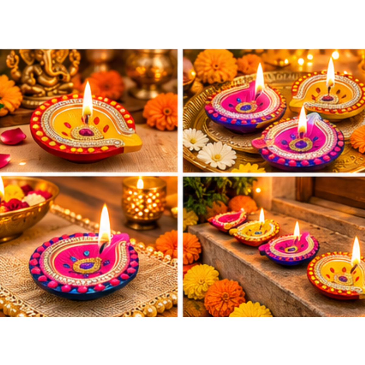 Handmade Clay Diya Set of 4 – Assorted Multicolour Decorative Oil Lamps