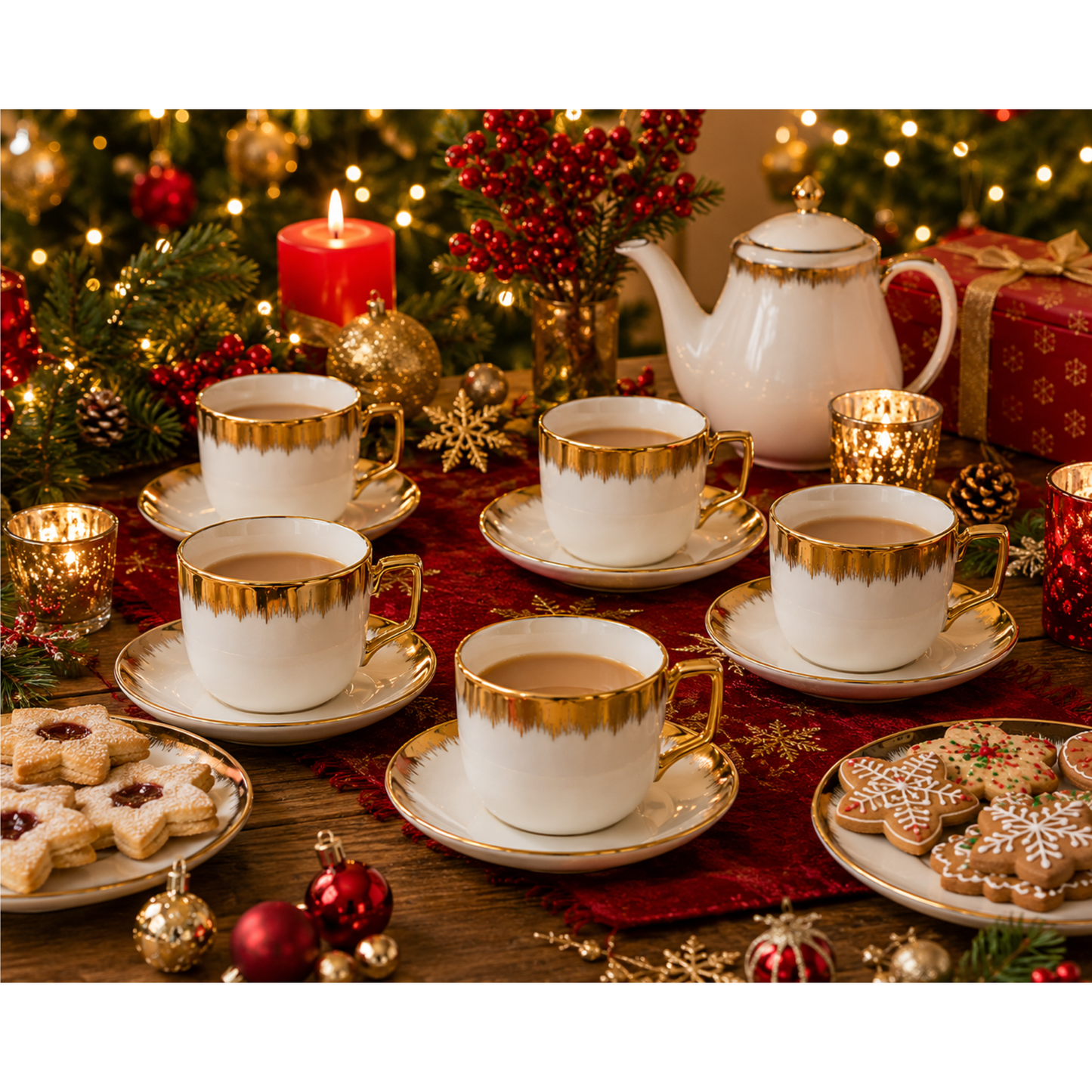 Set of 6 Porcelain Tea Cups and Saucers White with Gold Trim