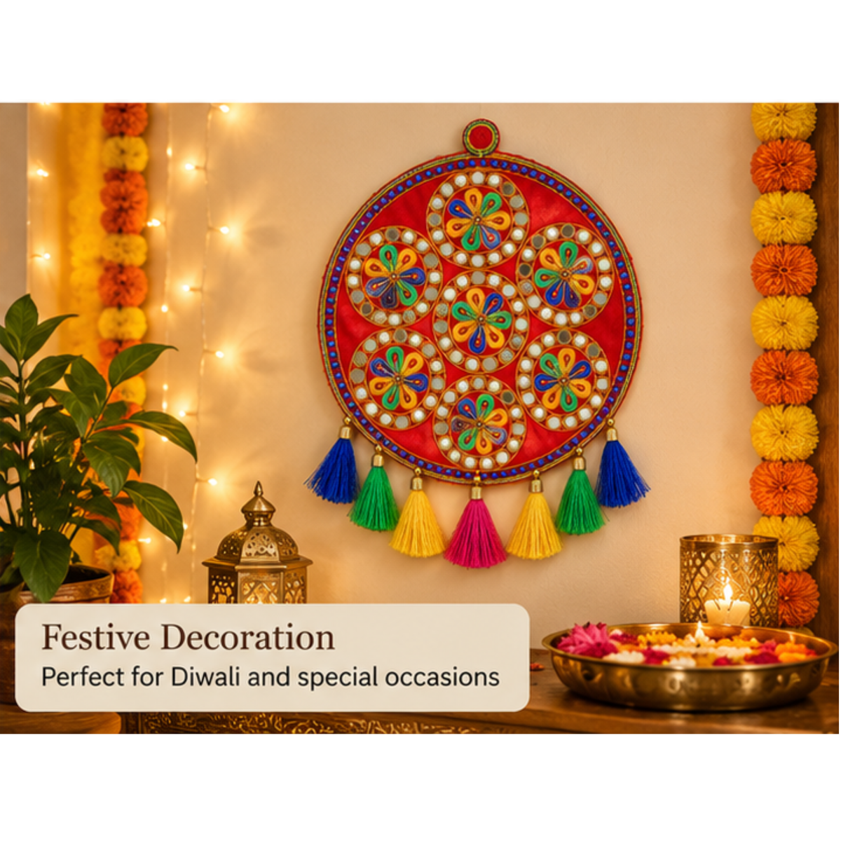 Set of 2 Diwali Round Embroidered Hanging Decorations 24cm