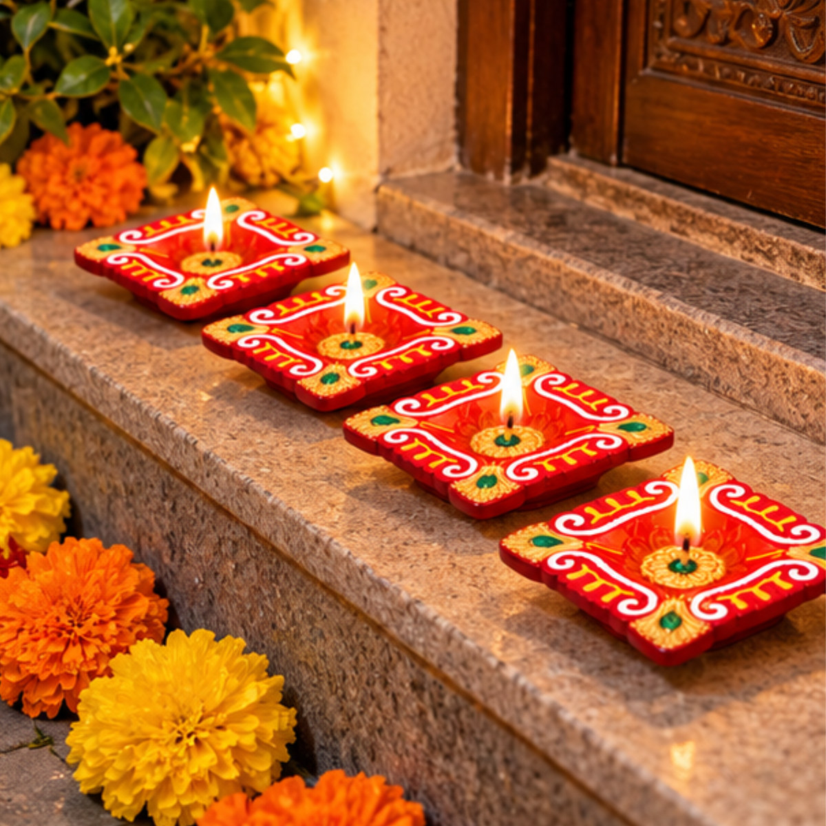 Handmade Clay Diya Set of 4 – Decorative Square Oil Lamps Approx. 7cm