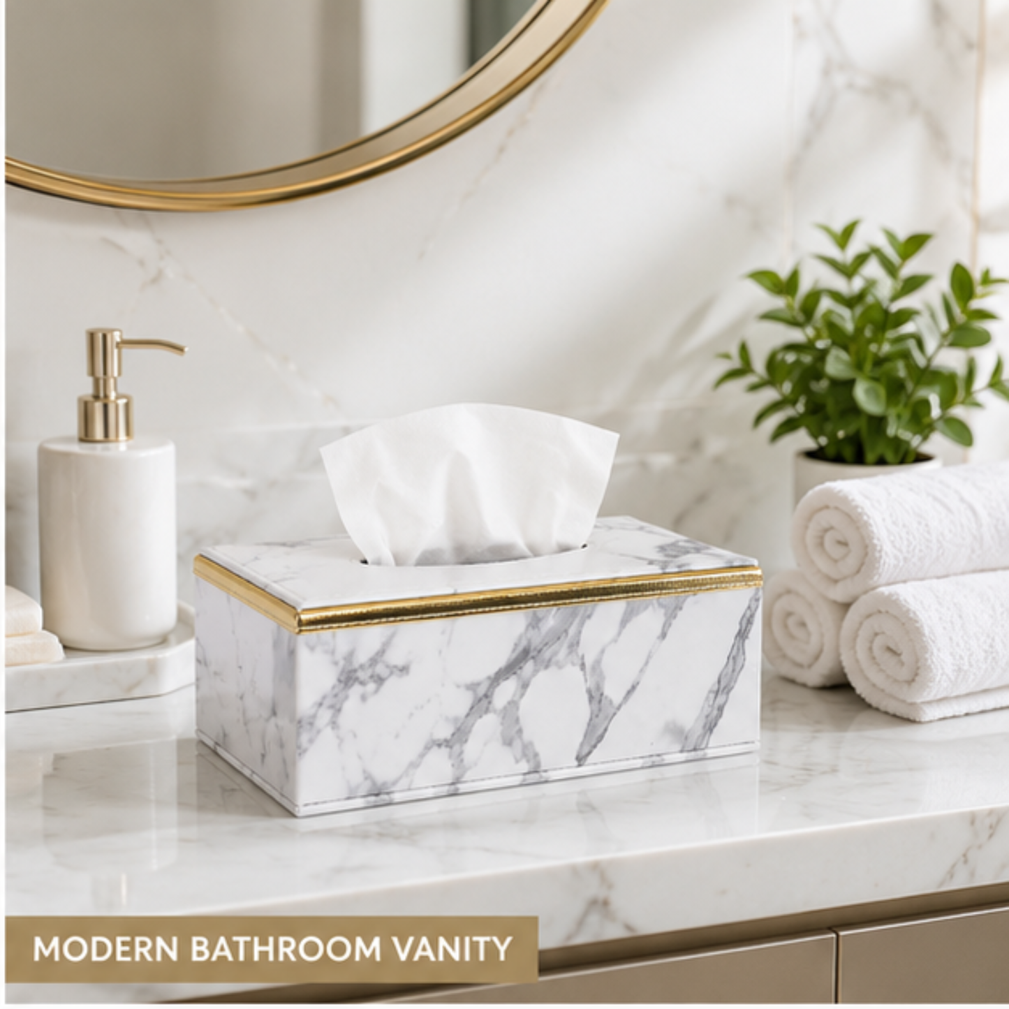 Marble Effect Tissue Box Cover, Faux Leather Tissue Box Holder with Gold Trim