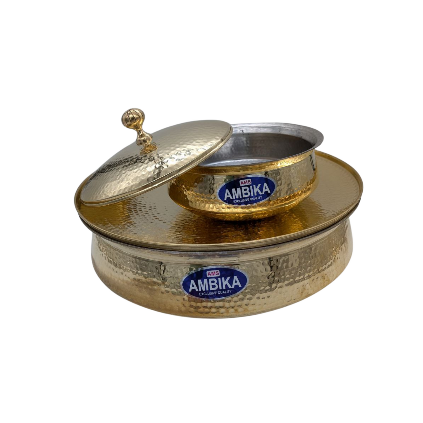 Ambika Premium Hammered Brass Round Pot with Lid - Kalhi Coated