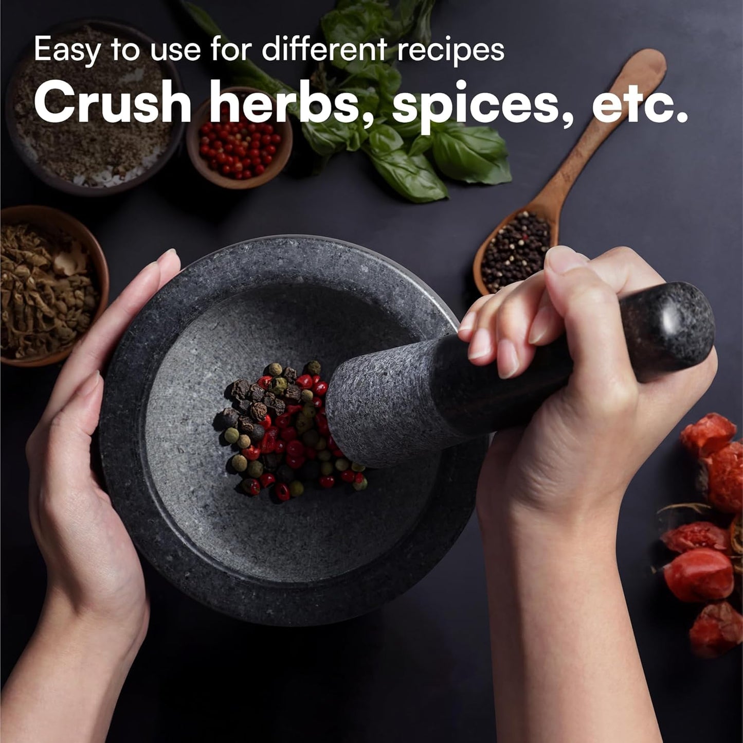 Granite Pestle & Mortar Set 16cm Black Stone Spice Herb Grinder Kitchen Crusher