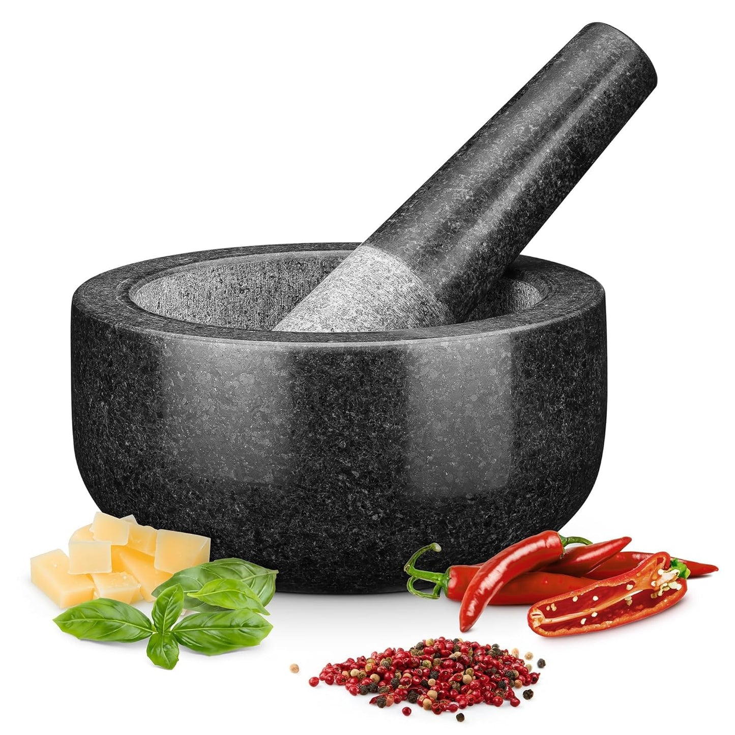 Granite Pestle & Mortar Set 16cm Black Stone Spice Herb Grinder Kitchen Crusher