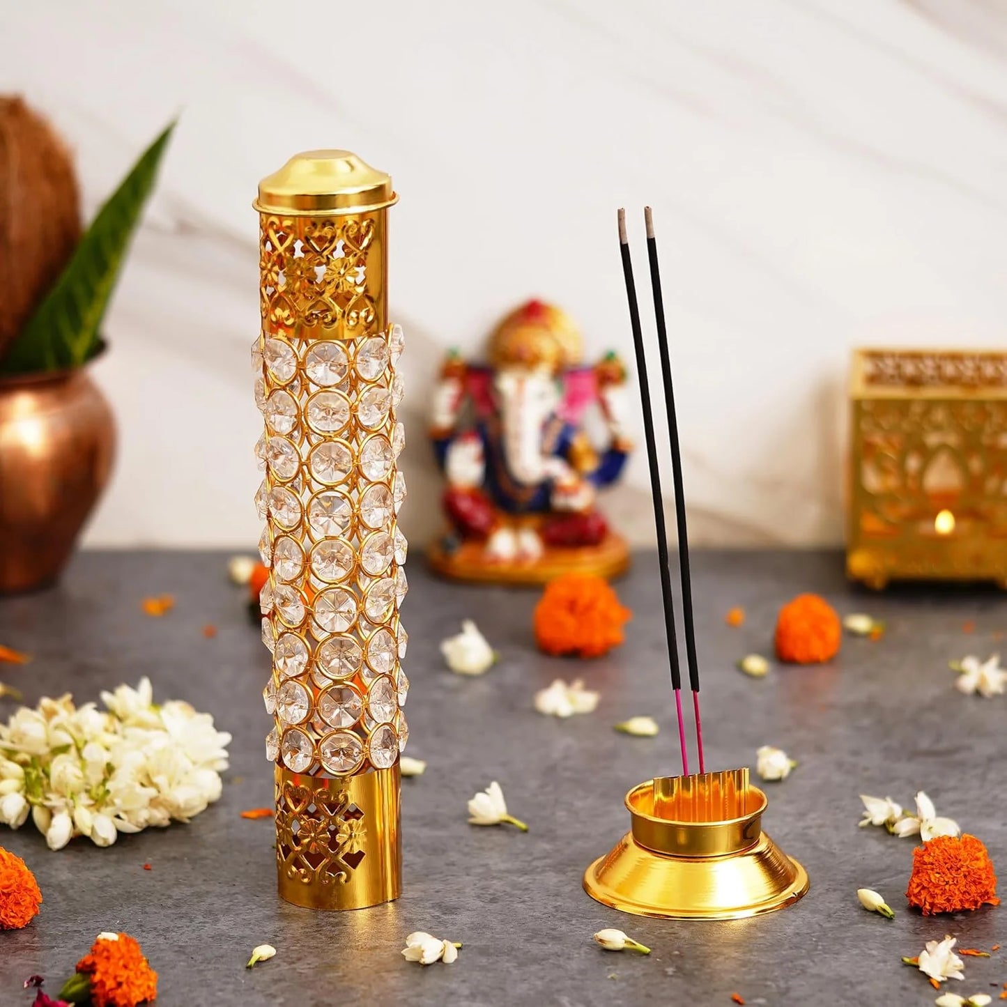 Crystal Diamond Agarbatti Stand 11.5" Gold Incense Stick Holder Ash Catcher