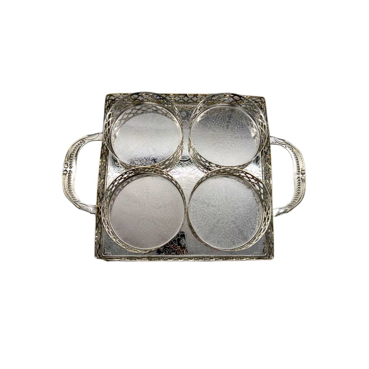 Chrome-Finished Square Serving Tray with Handles & 4 Round Bowls – 22x22cm