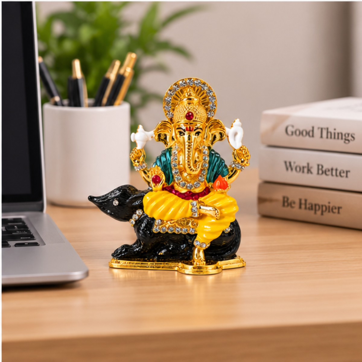 Metal Ganesh Ji Idol on Mouse with Crystal Stone Detailing, Decorative Hindu Ganesha Murti Statue for Car Dashboard