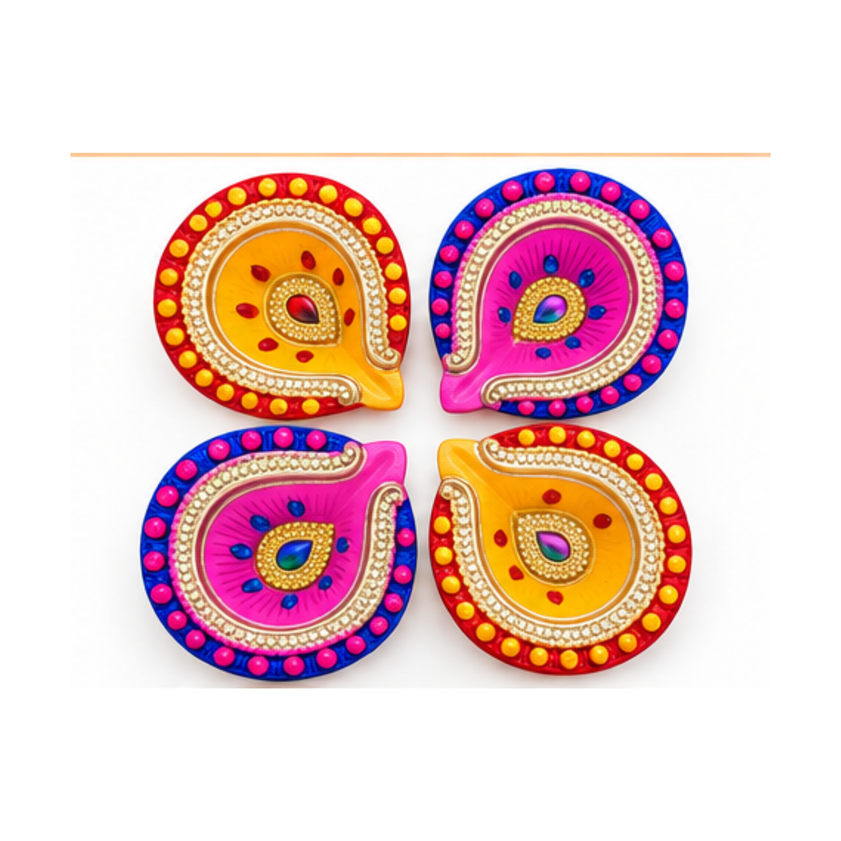 Handmade Clay Diya Set of 4 – Assorted Multicolour Decorative Oil Lamps