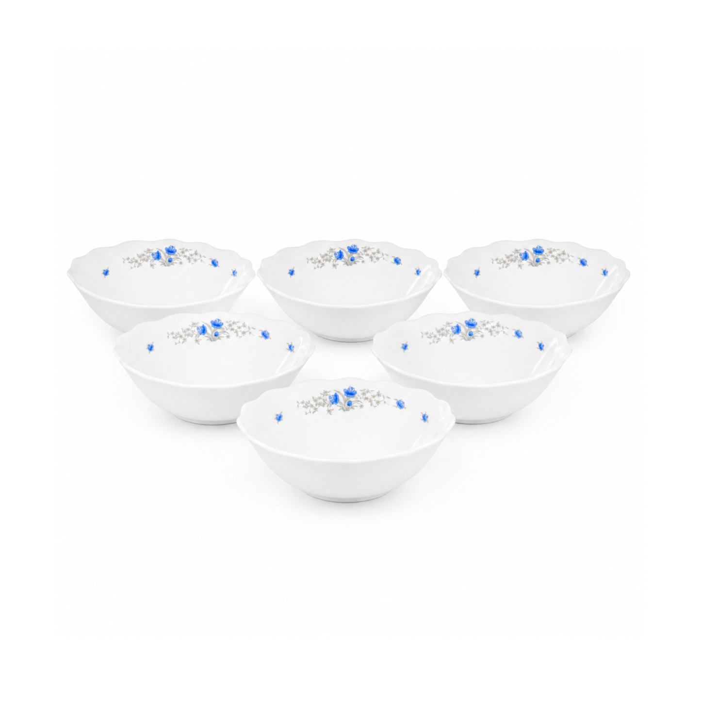 Set of 6 Porcelain Soup Bowls White with Blue Floral Design, Deep Cereal Bowls